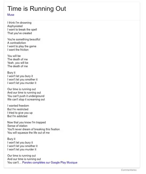 Paroles de Times is Running Out de Muse - screenshot de Google